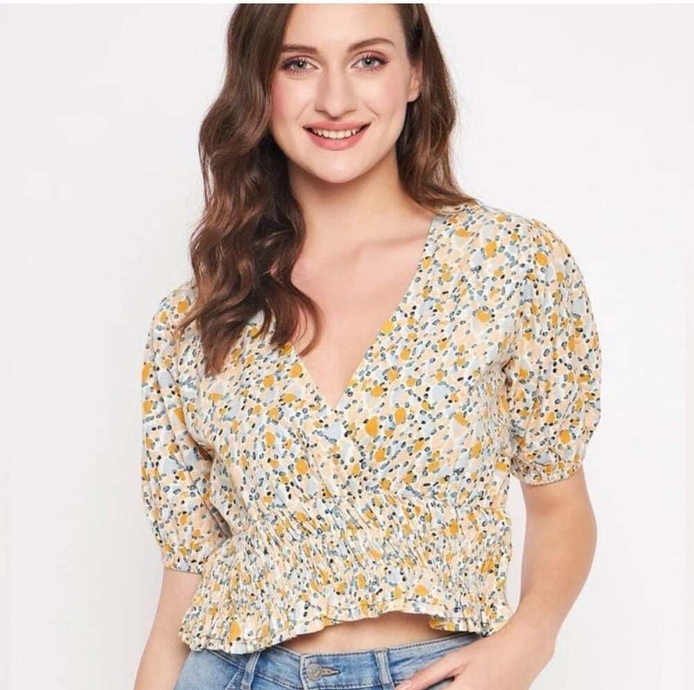 Sim & Sam Puff Sleeve Top Size S Yellow Blue Dot Cotton